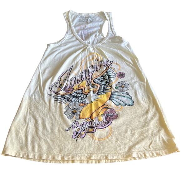 Bejeweled Size S Yellow Embellished Tank Top Woman Size Small Tattoo Print - Picture 4 of 8
